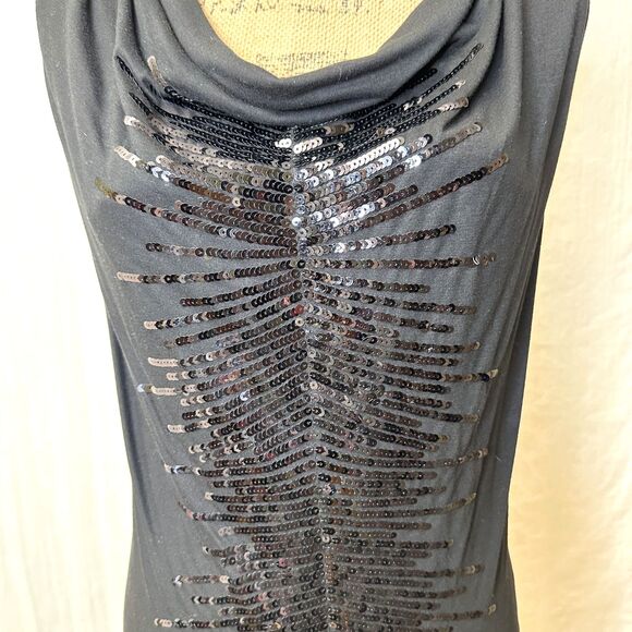Leo Guy Black Cowl Neck Sleeveless Sequined Draped Back Party Top Blouse Sz 6/8 - Picture 2 of 12